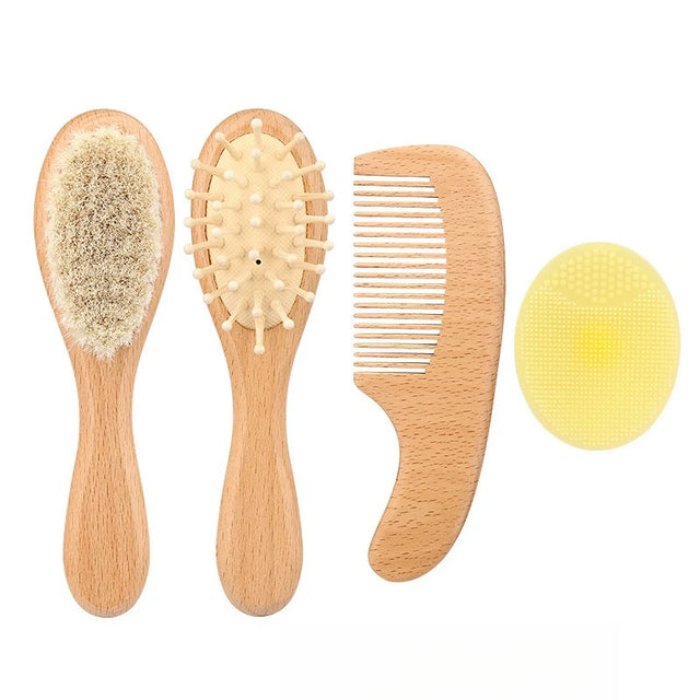Set de cepillos y peine de madera para bebé · 4 piezas